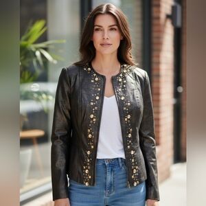 CHOICES PETITE Studded Faux Leather Blazer Jacket.Brown/metallic Gold.PS